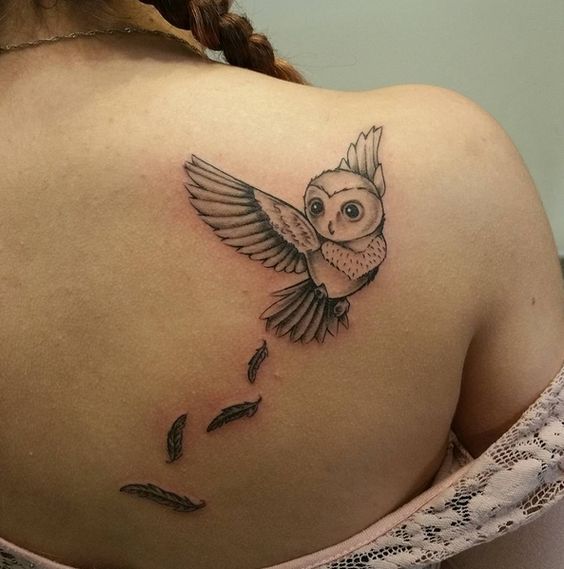 Black Ink Small Flying Owl Tattoo On Right Back Shoulder