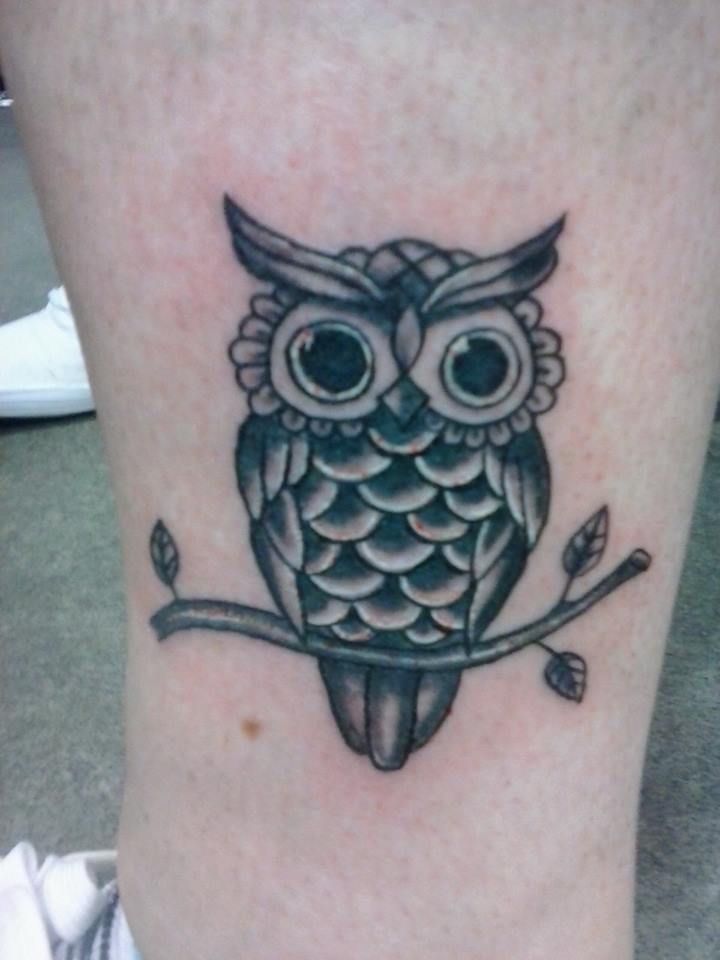 Black Ink Small Owl On Branch Tattoo Design For Leg