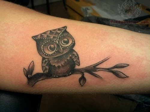 Black Ink Small Owl On Branch Tattoo Design For Sleeve
