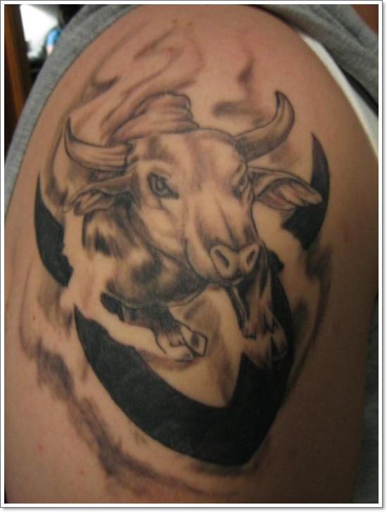 Black Ink Taurus Zodiac Sign Tattoo On Right Shoulder