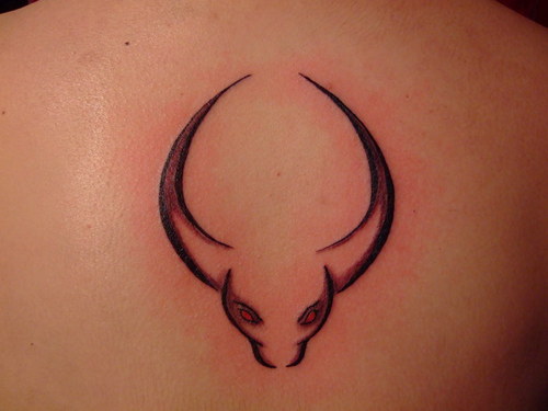Black Ink Taurus Zodiac Sign Tattoo On Upper Back