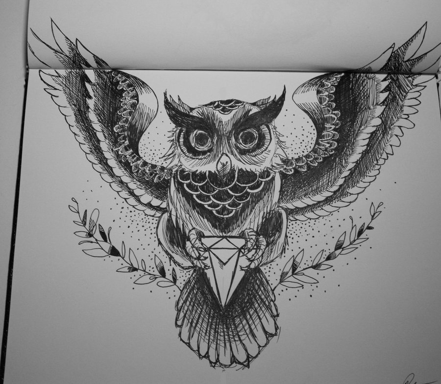Black Ink Traditional Owl With Diamond Tattoo Design