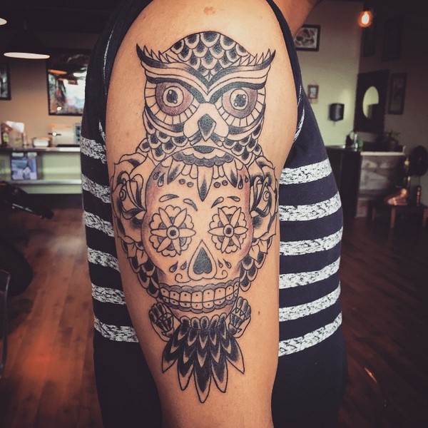 Black Ink Traditional Owl With Sugar Skull And Roses Tattoo On Right Half Sleeve