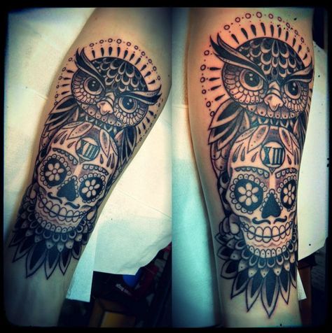 Black Ink Traditional Owl With Sugar Skull Tattoo Design For Sleeve