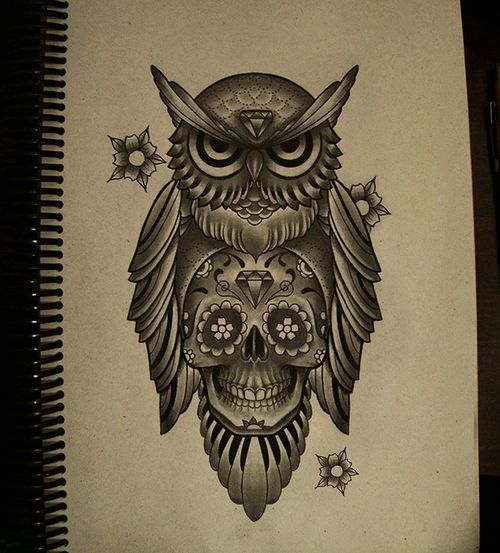 Black Ink Traditional Owl With Sugar Skull Tattoo Design