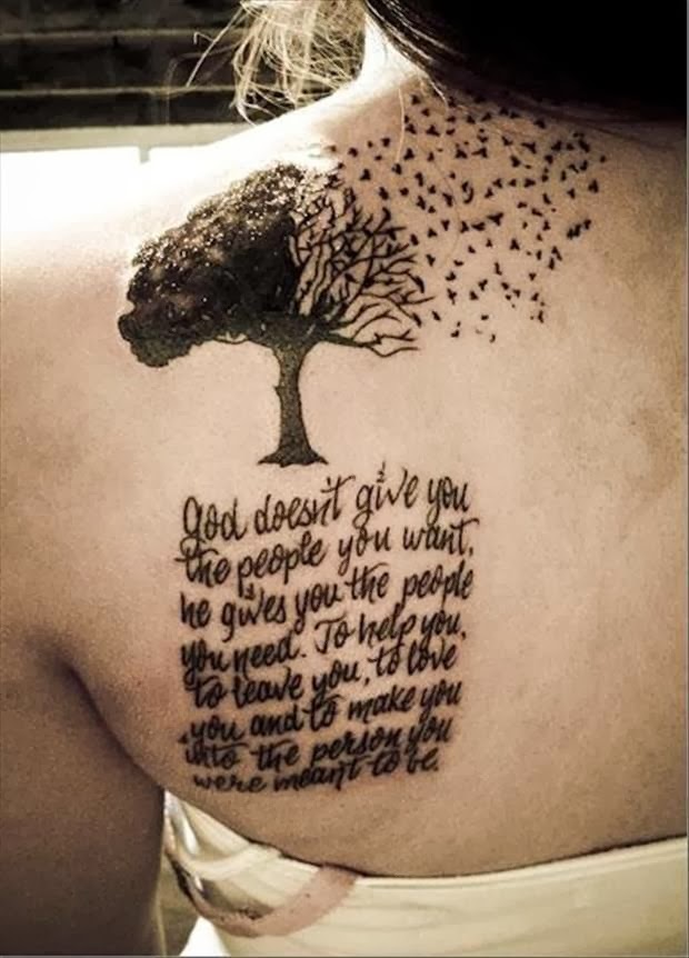 Black Ink Tree Of Life Flying Birds Tattoo On Girl Left Back Shoulder
