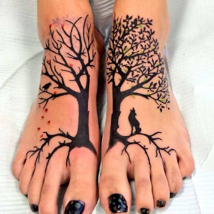 Black Ink Tree Of Life Tattoo On Girl Feet