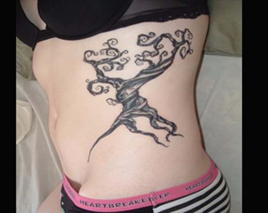 Black Ink Tree Of Life Tattoo On Girl Left Side Rib