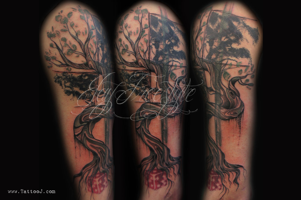 Black Ink Tree Of Life Tattoo On Half Sleeve By D5ywf3o