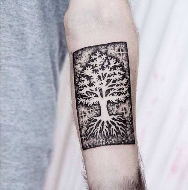 Black Ink Tree Of Life Tattoo On Left Forearm
