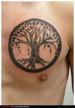 Black Ink Tree Of Life Tattoo On Man Chest