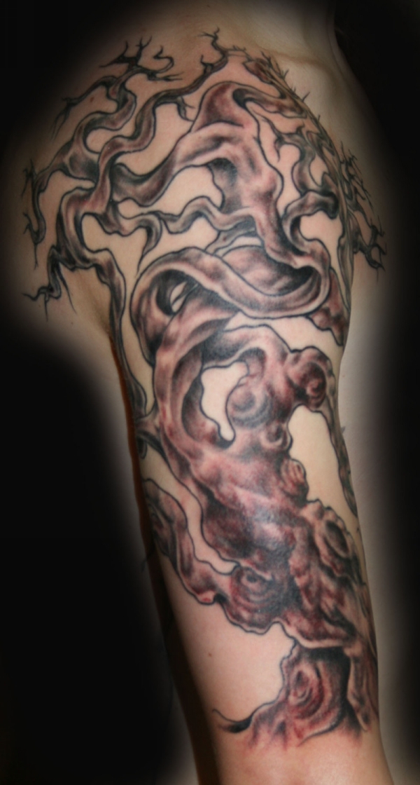 Black Ink Tree Of Life Tattoo On Right Half Sleeve