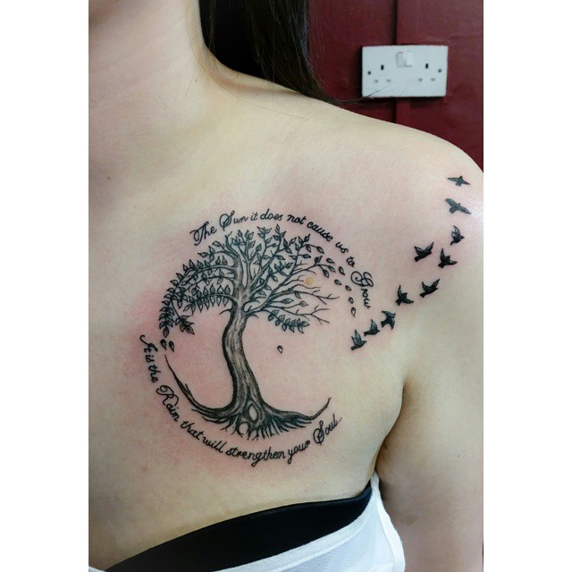 Black Ink Tree Of Life With Flying Birds Tattoo On Girl Left Front Shoulder