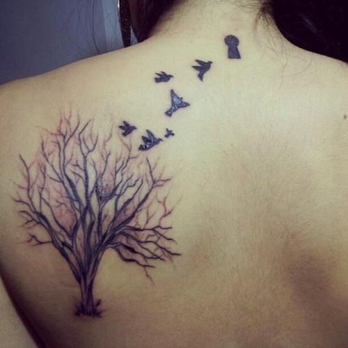 Black Ink Tree Of Life With Flying Birds Tattoo On Left Back Shoulder