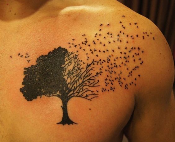 Black Ink Tree Of Life With Flying Birds Tattoo On Left Front Shoulder