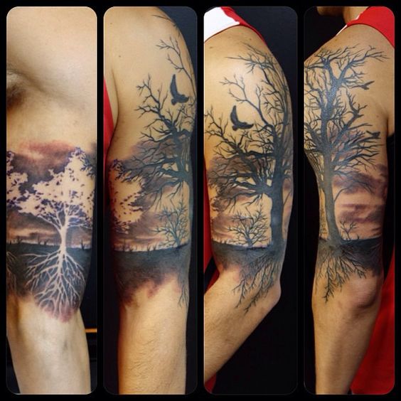 Black Ink Tree Of Life With Flying Birds Tattoo On Man Left Half Sleeve