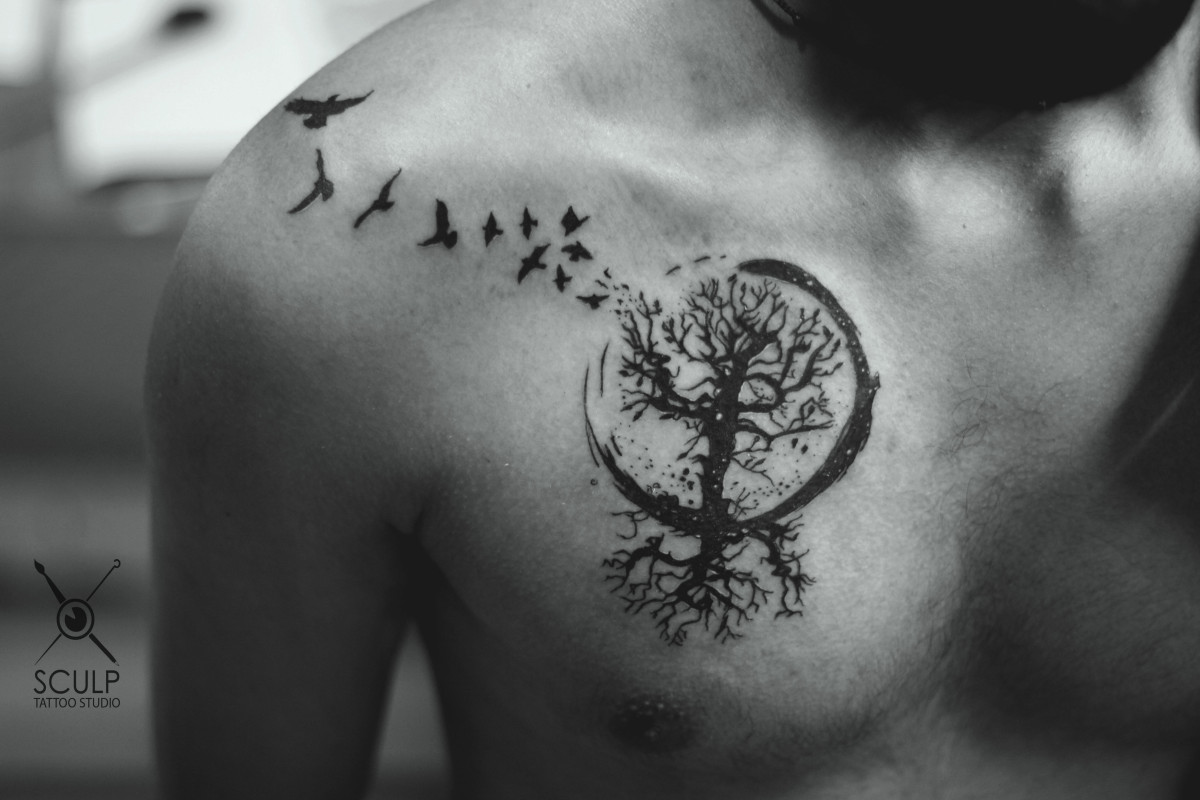 Black Ink Tree Of Life With Flying Birds Tattoo On Man Right Front Shoulder