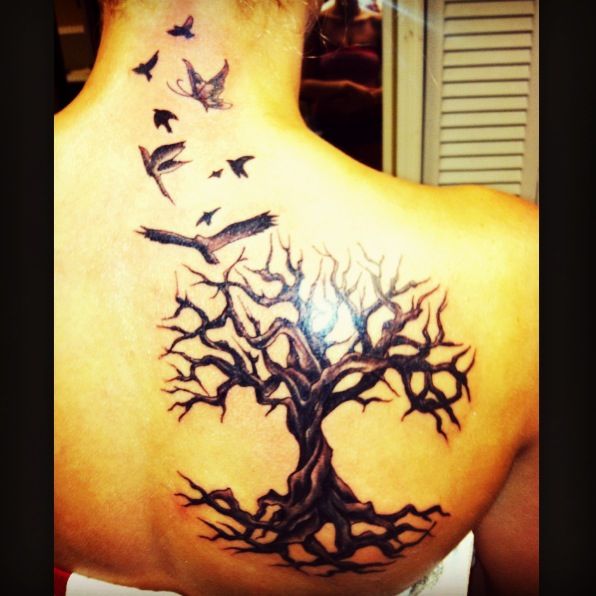 Black Ink Tree Of Life With Flying Birds Tattoo On Right Back Shoulder