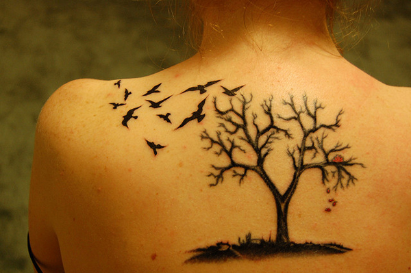 Black Ink Tree Of Life With Flying Birds Tattoo On Upper Back