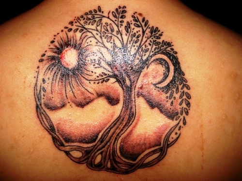 Black Ink Tree Of Life With Sun And Half Moon Tattoo Design For Upper Back By Robyn Swift