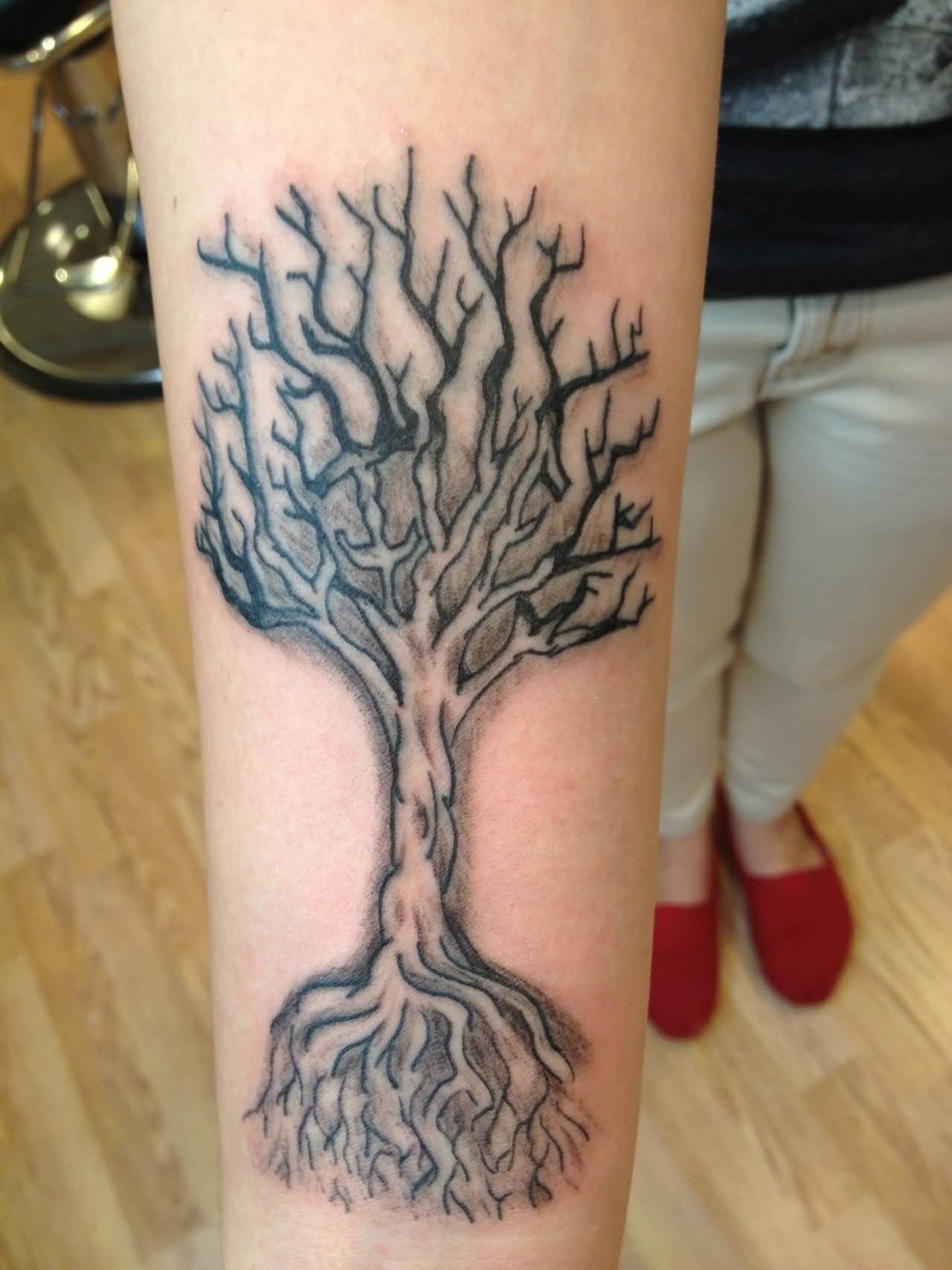 Black Ink Tree Of Life Without Leaves Tattoo Design For Forearm
