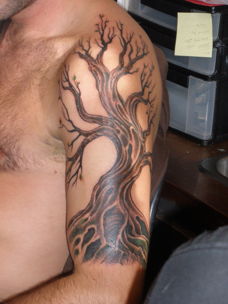 Black Ink Tree Of Life Without Leaves Tattoo On Left Half Sleeve