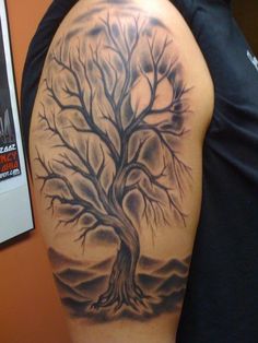 Black Ink Tree Of Life Without Leaves Tattoo On Right Half Sleeve