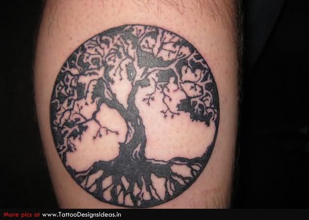 Black Ink Tree Of life Tattoo Design For Leg Calf