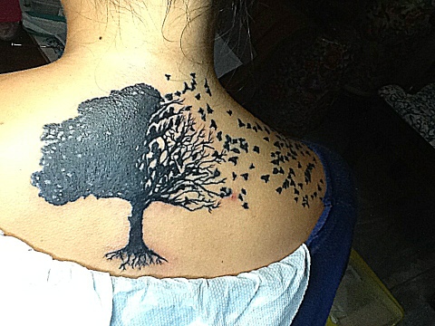 Black Ink Tree of Life Flying Birds Tattoo On Upper Back