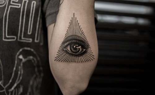 Black Ink Triangle Eye Tattoo On Left Arm
