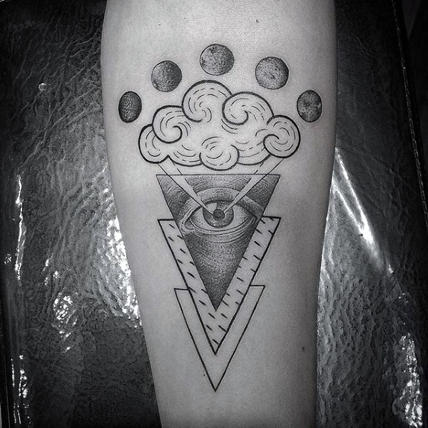 Black Ink Triangle Eye With Cloud Tattoo Design For Sleeve