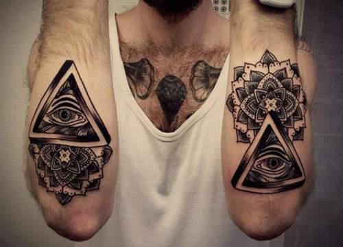 Black Ink Triangle Eye With Flower Tattoo On Both Arm