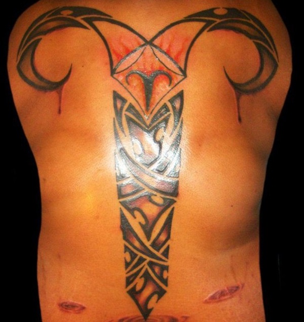 Black Ink Tribal Aries Zodiac Sign Tattoo On Full Back