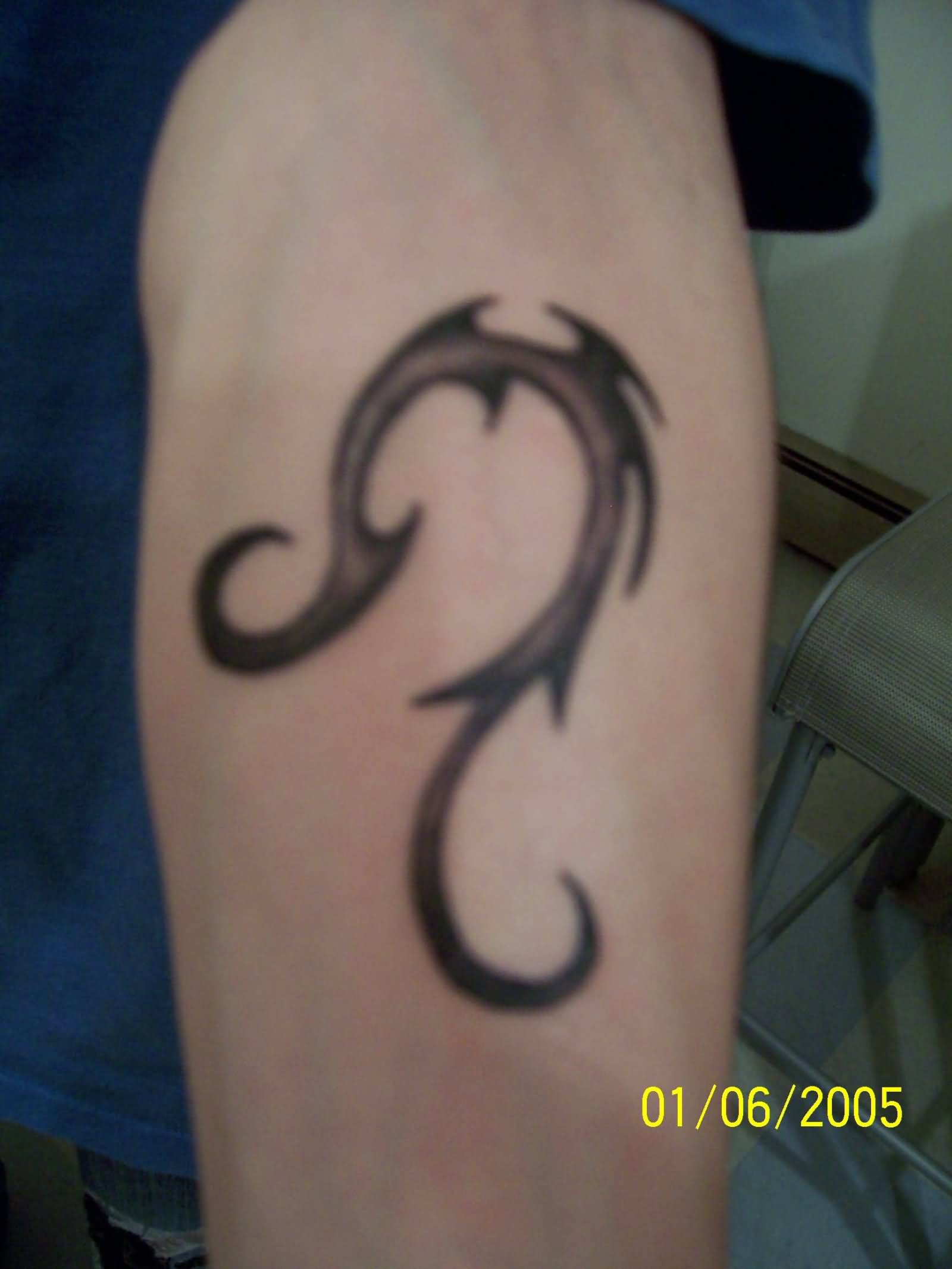 Black Ink Tribal Leo Zodiac Sign Tattoo Design For Forearm