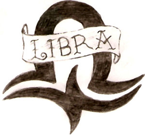 Black Ink Tribal Libra Zodiac Sign With Banner Tattoo Design By Kirsty Jayne
