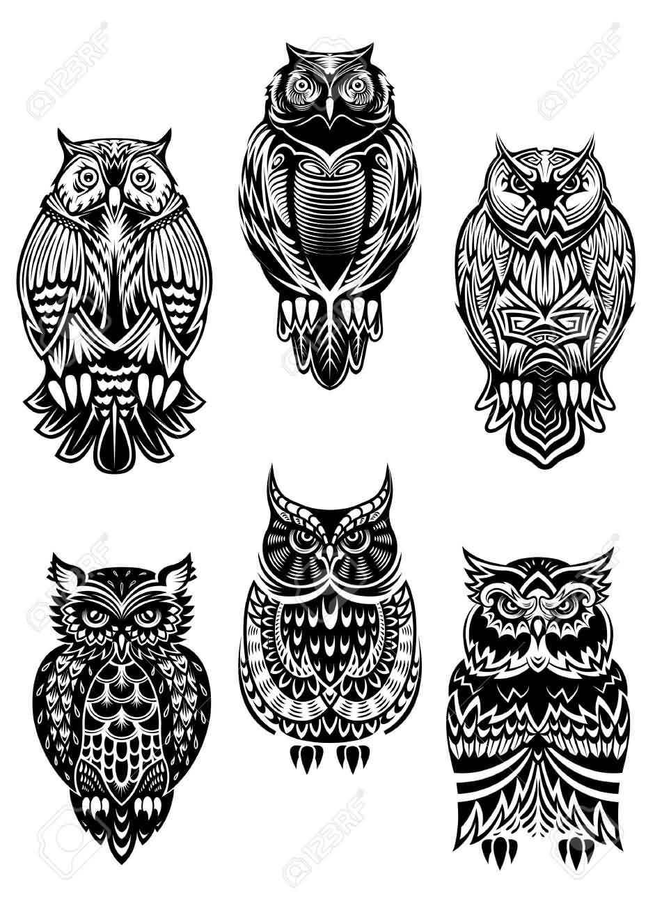 Black Ink Tribal Six Owl Tattoo Flash
