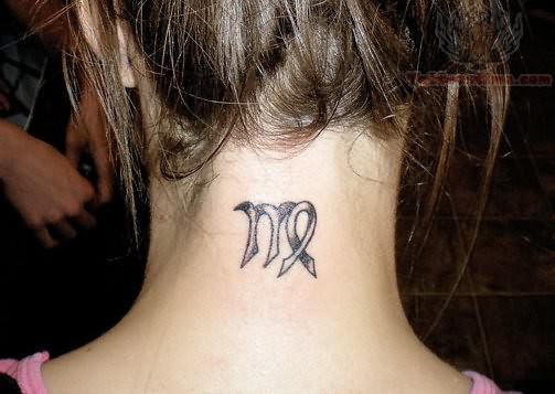 Black Ink Virgo Zodiac Sign Tattoo On Girl Back Neck
