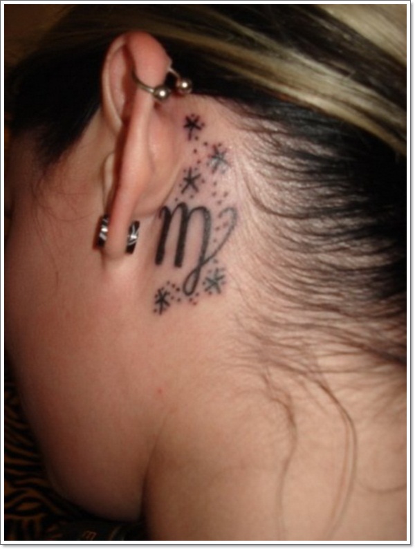 Black Ink Virgo Zodiac Sign Tattoo On Girl Left Behind The Ear
