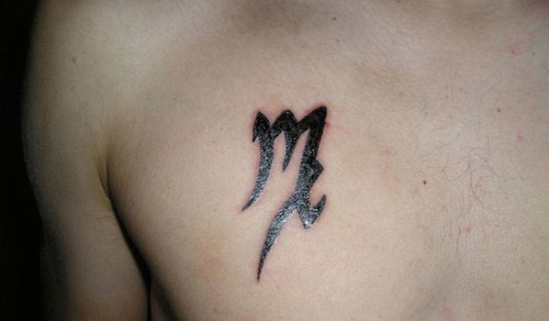 Black Ink Virgo Zodiac Sign Tattoo On Right Chest