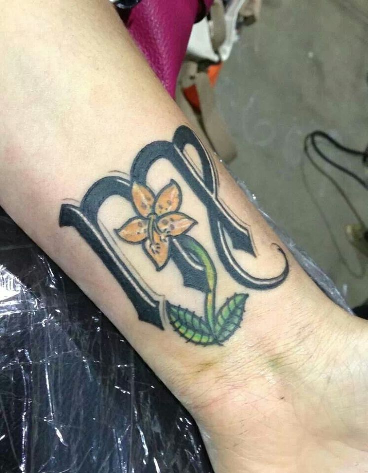 Black Ink Virgo Zodiac Sign With Flower Tattoo Design For Wrist