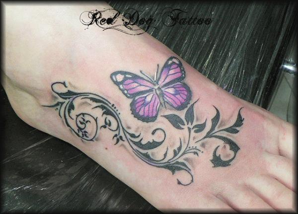 Black Leaves And Color Butterfly Foot Tattoo