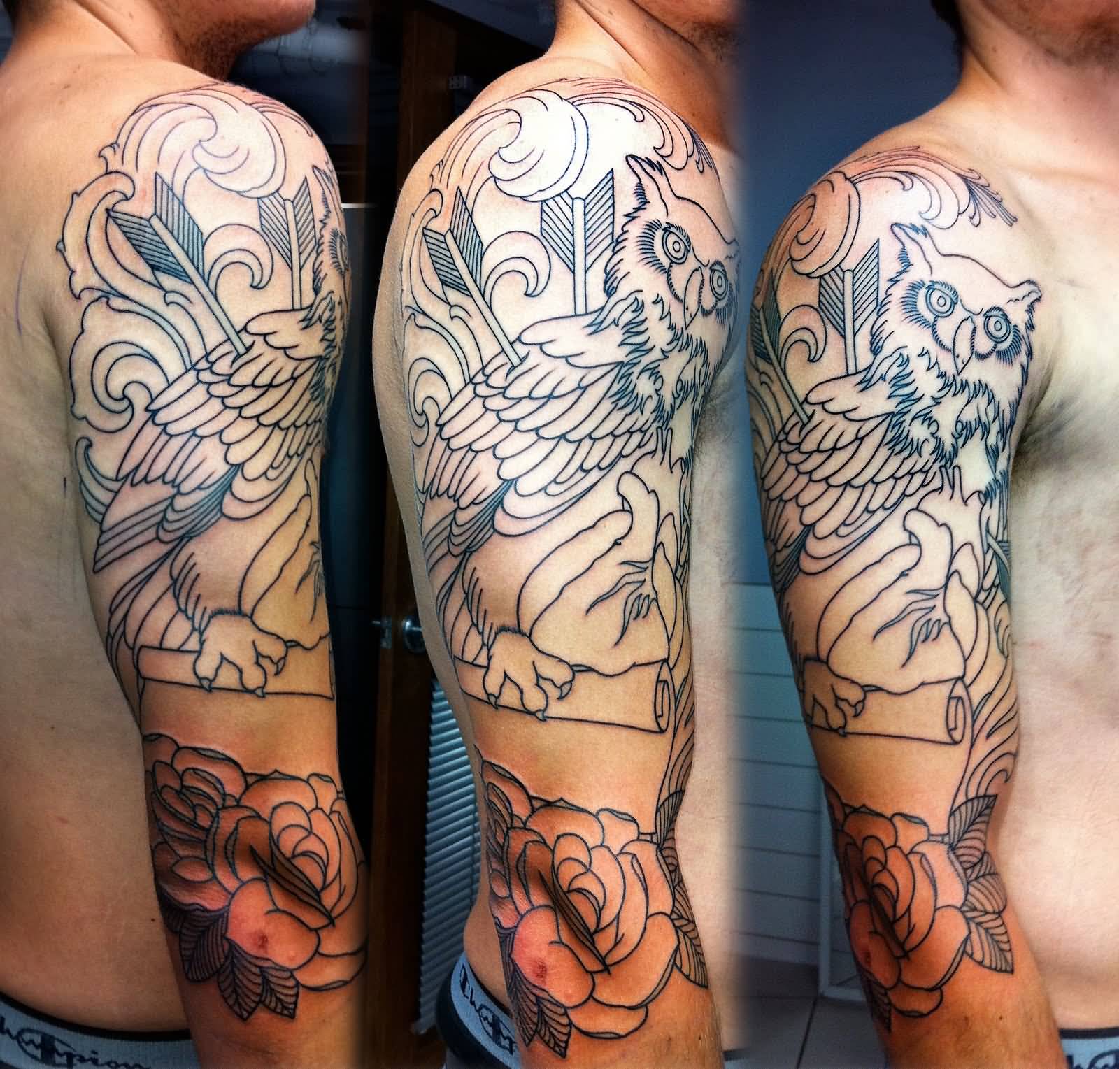 Black Outline Arrows In Owl With Rose Tattoo On Man Right Half Sleeve