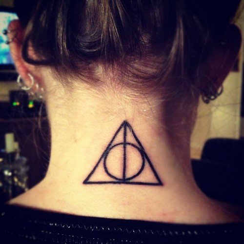 Black Outline Circle In Triangle Tattoo On Girl Back Neck