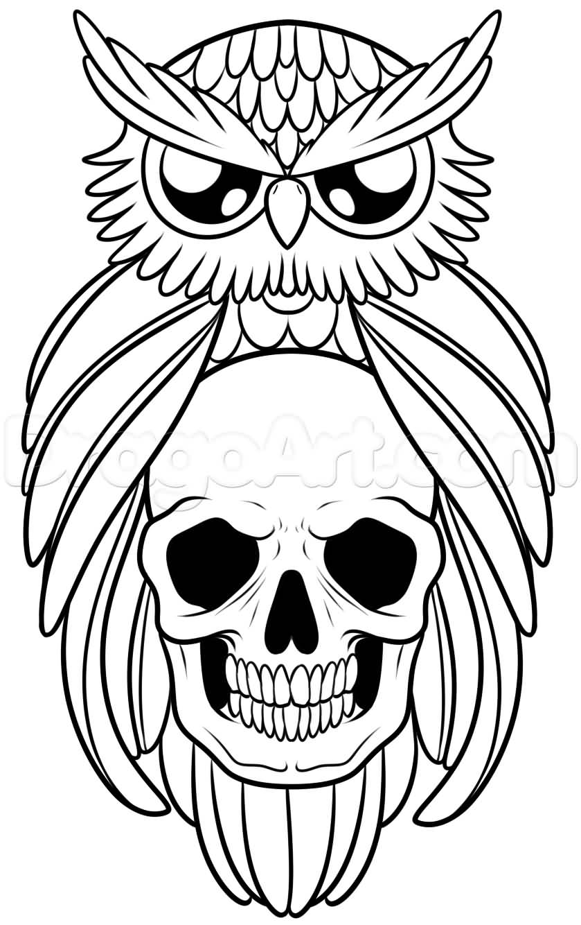 Black Outline Cute Owl With Skull Tattoo Stencil