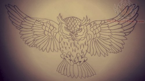 Black Outline Flying Owl Tattoo Design
