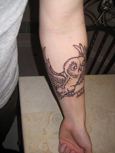 Black Outline Flying Owl Tattoo On Left Forearm