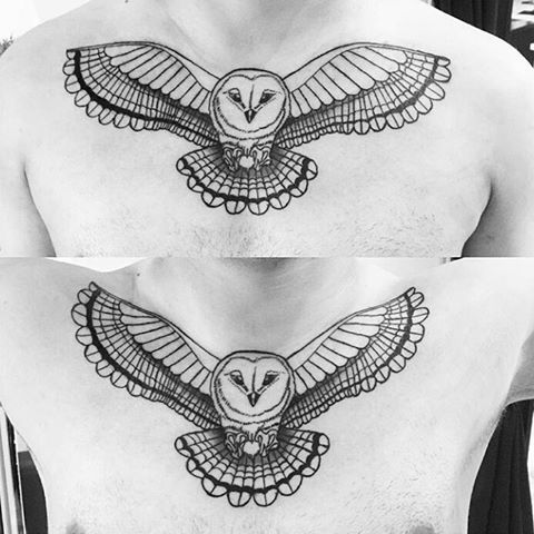 Black Outline Flying Owl Tattoo On Man Chest