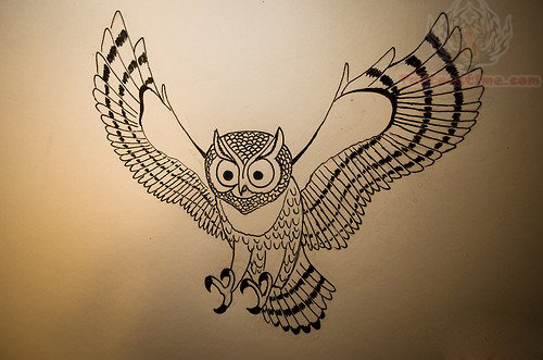 Black Outline Flying Owl Tattoo Stencil