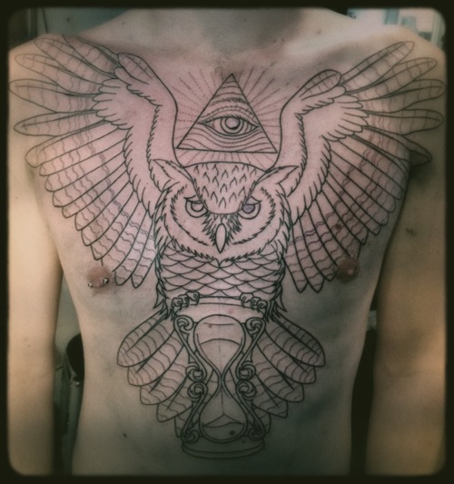 Black Outline Illuminati Eye With Owl Tattoo On Man Chest