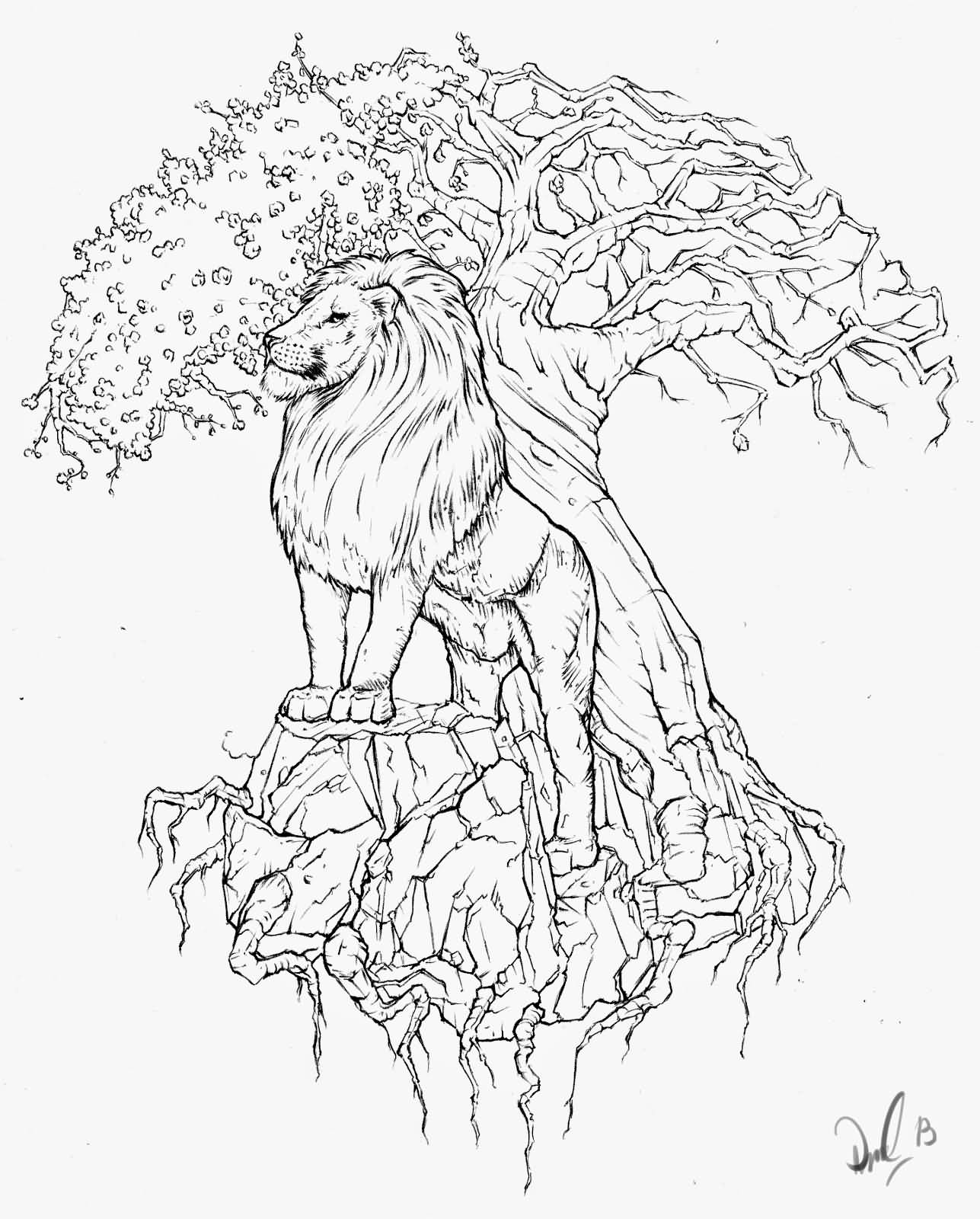 Black Outline Lion With Tree Of Life Tattoo Stencil